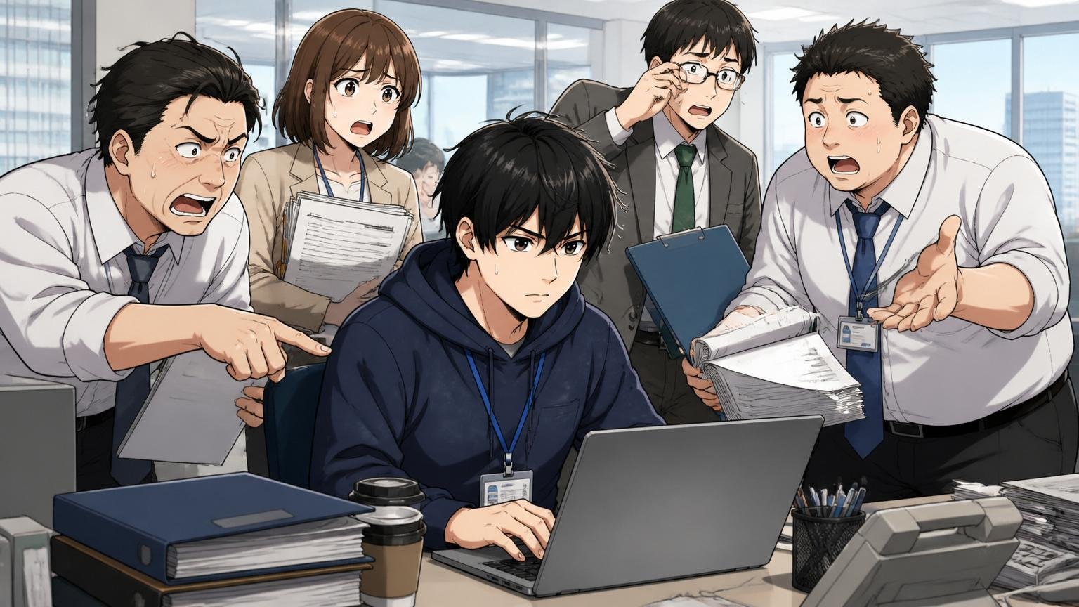 金融系企業のオフィスフロアで他社の社員に囲まれてノートPCを操作する常駐エンジニア1人