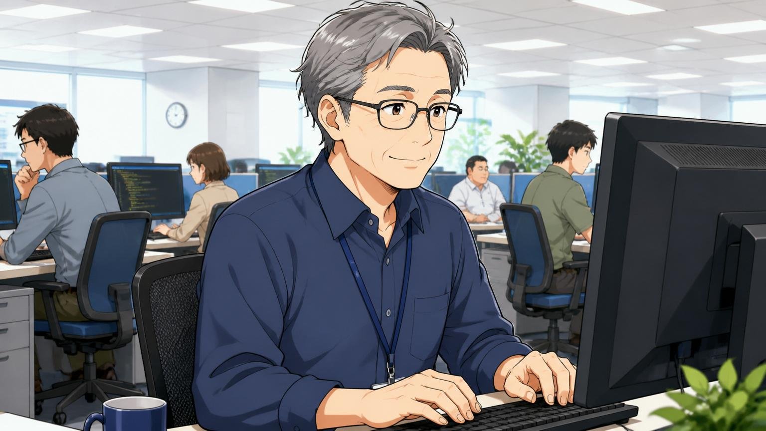 向いている人の特徴。大手BPO企業のオフィスで安定志向のシニアエンジニア1人が落ち着いた表情でPC作業するシーン