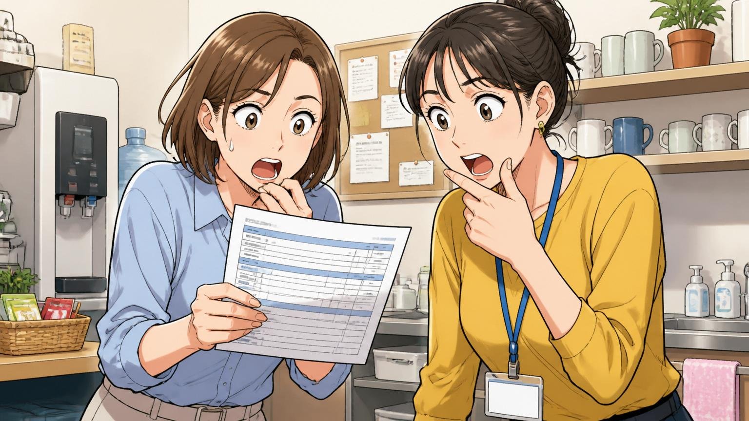 Web系広告会社の給湯室で給与明細を片手にしながら同僚と年収相場を話し合う30代女性2人
