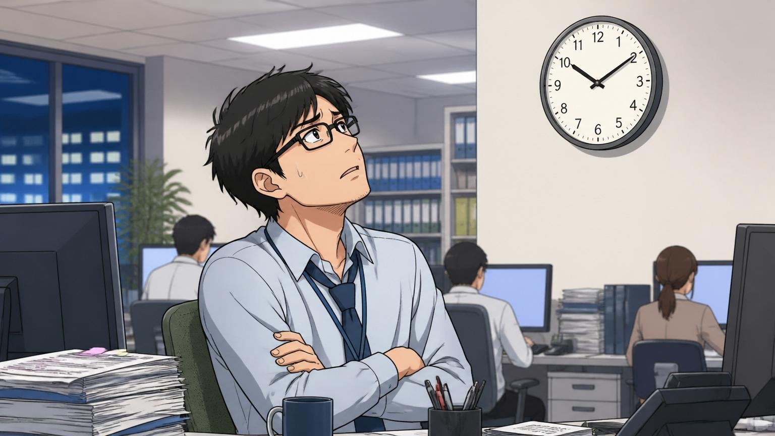 企業のオフィスで30代男性エンジニア1人が壁の時計を見上げて残業時間を考える表情