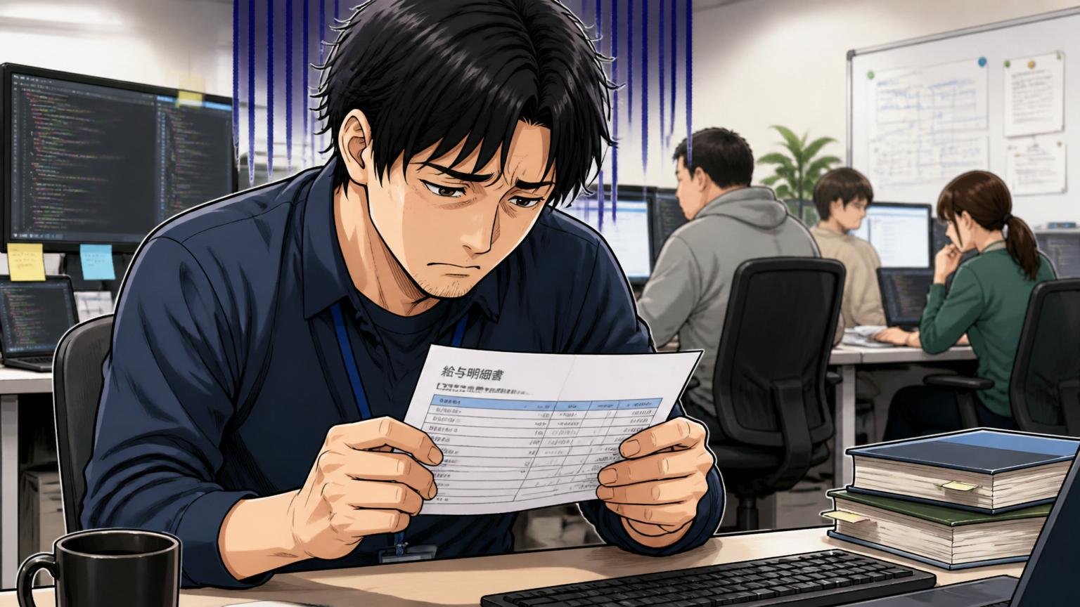 給与・賞与・昇給への不満。SIerの開発現場で30代男性エンジニアが給与明細を見て肩を落とす
