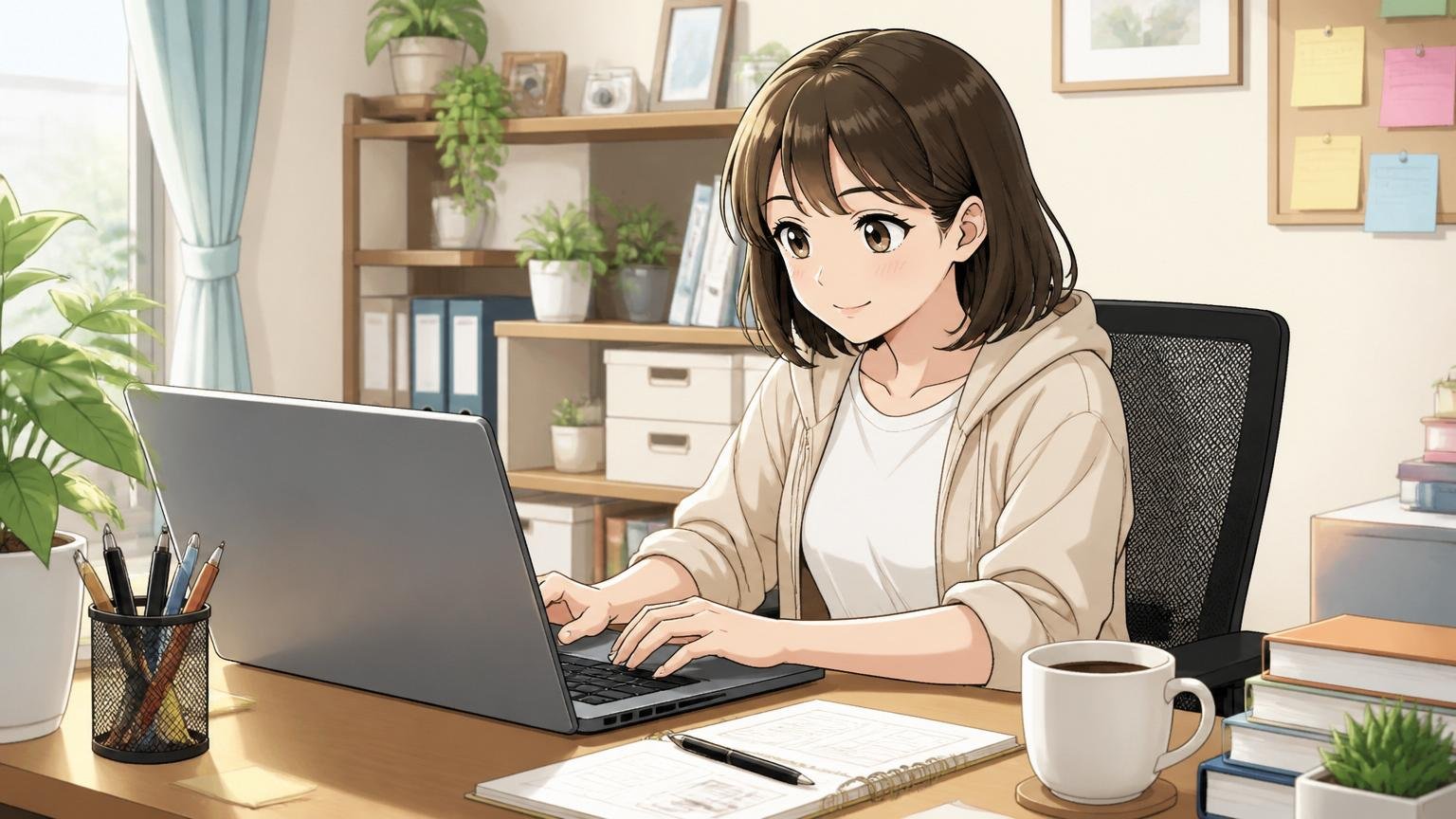 自宅のデスクで在宅勤務する30代女性エンジニアが、ノートPCとコーヒーカップを前にリラックスした表情で作業している場面