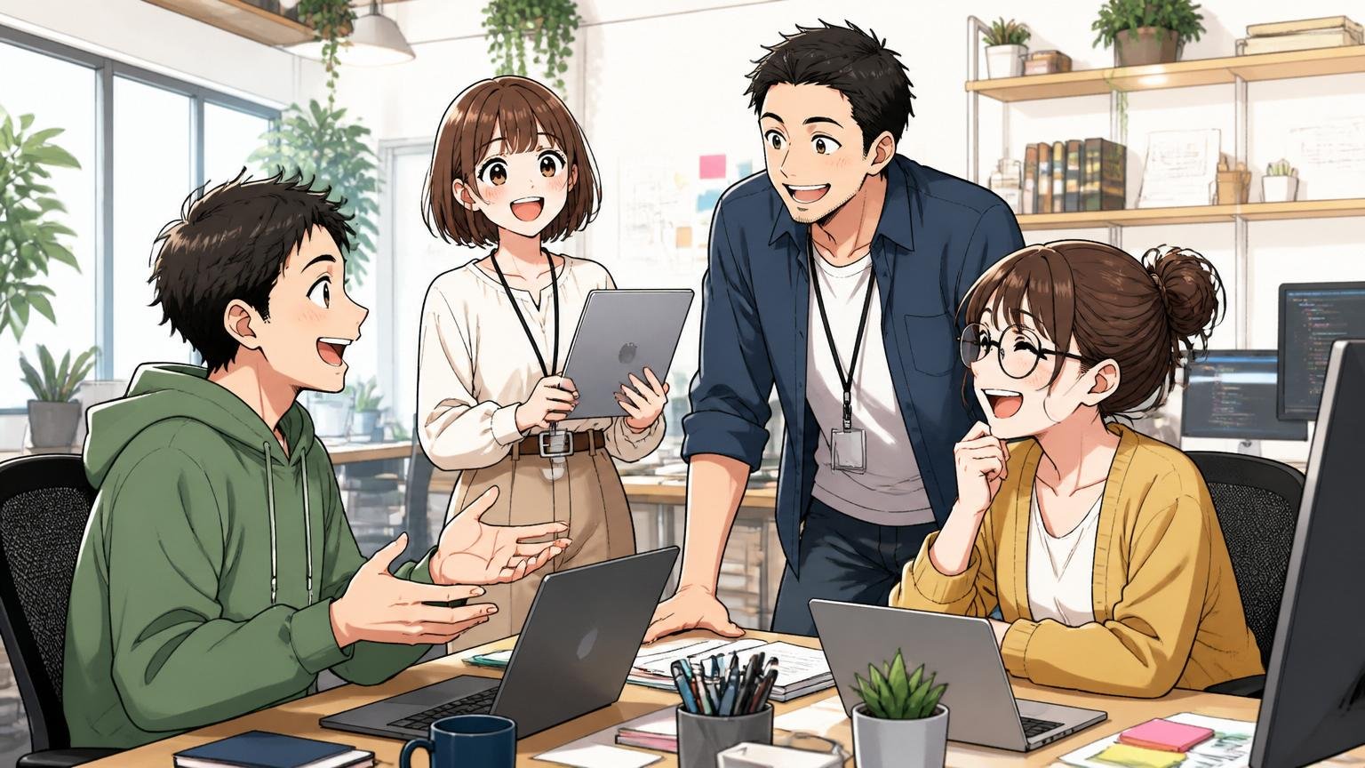 女性社員が活躍する職場、Web系スタートアップのオフィスで男女混合の4人が和やかに会話するシーン