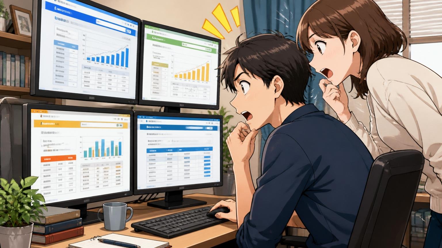 平均年収は490〜568万円のレンジ。自宅のデスクで複数の年収サイトを画面に並べて比較する30代男性エンジニアと、肩越しに覗き込むパートナー