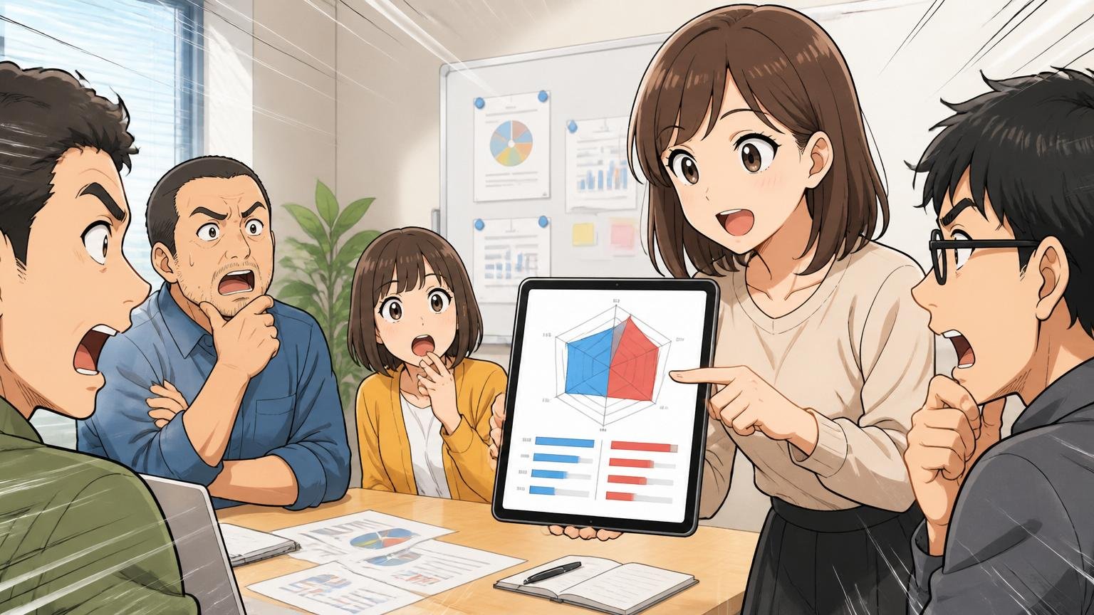 OpenWorkスコアに見る強みと弱み 企業の会議室で30代女性エンジニアがタブレットの評価グラフを指差し説明する場面