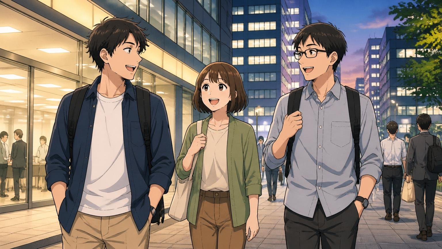 平日18時にビルから退勤する20代男女エンジニア3名がリラックスした表情で歩いている