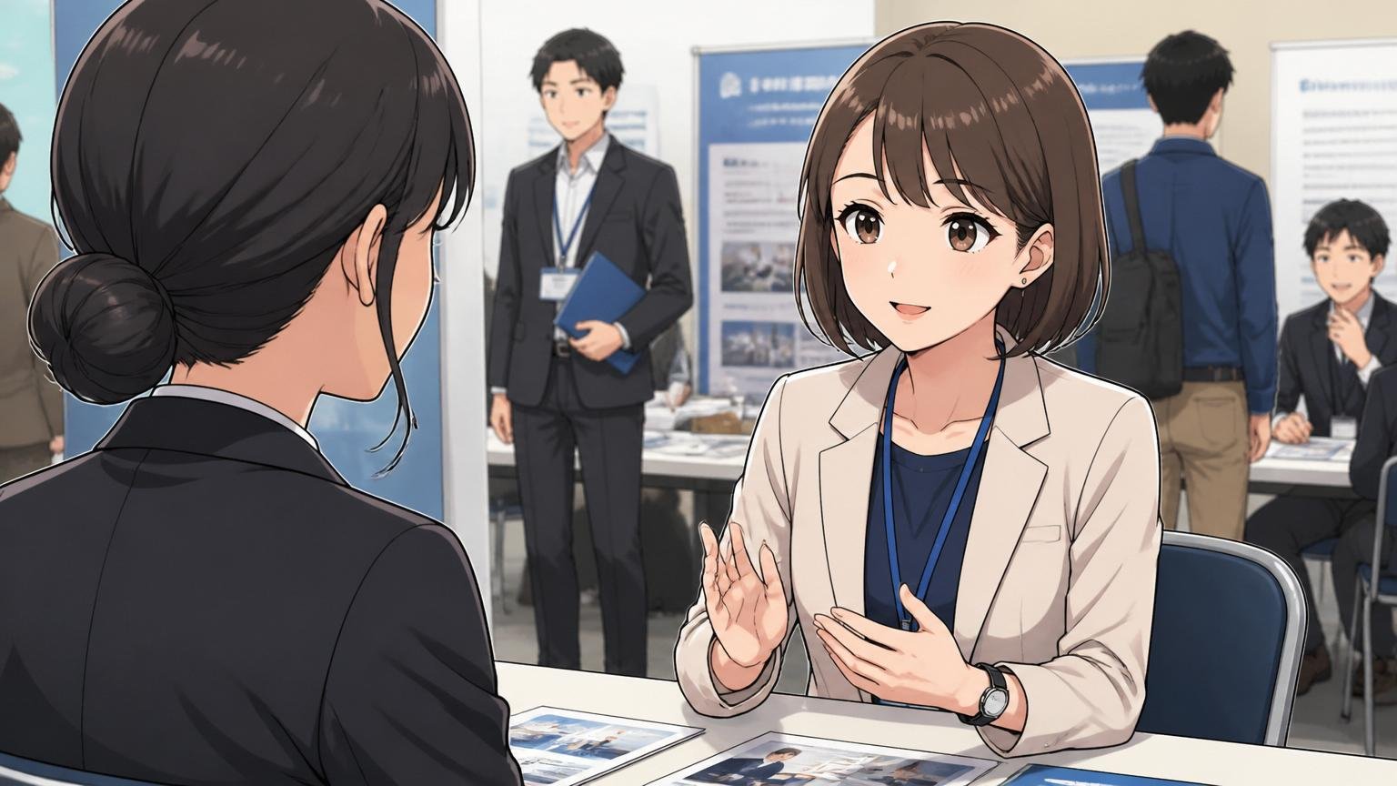 採用説明会の会場で新卒3年目の女性エンジニアが落ち着いた表情で人事担当者と話している様子