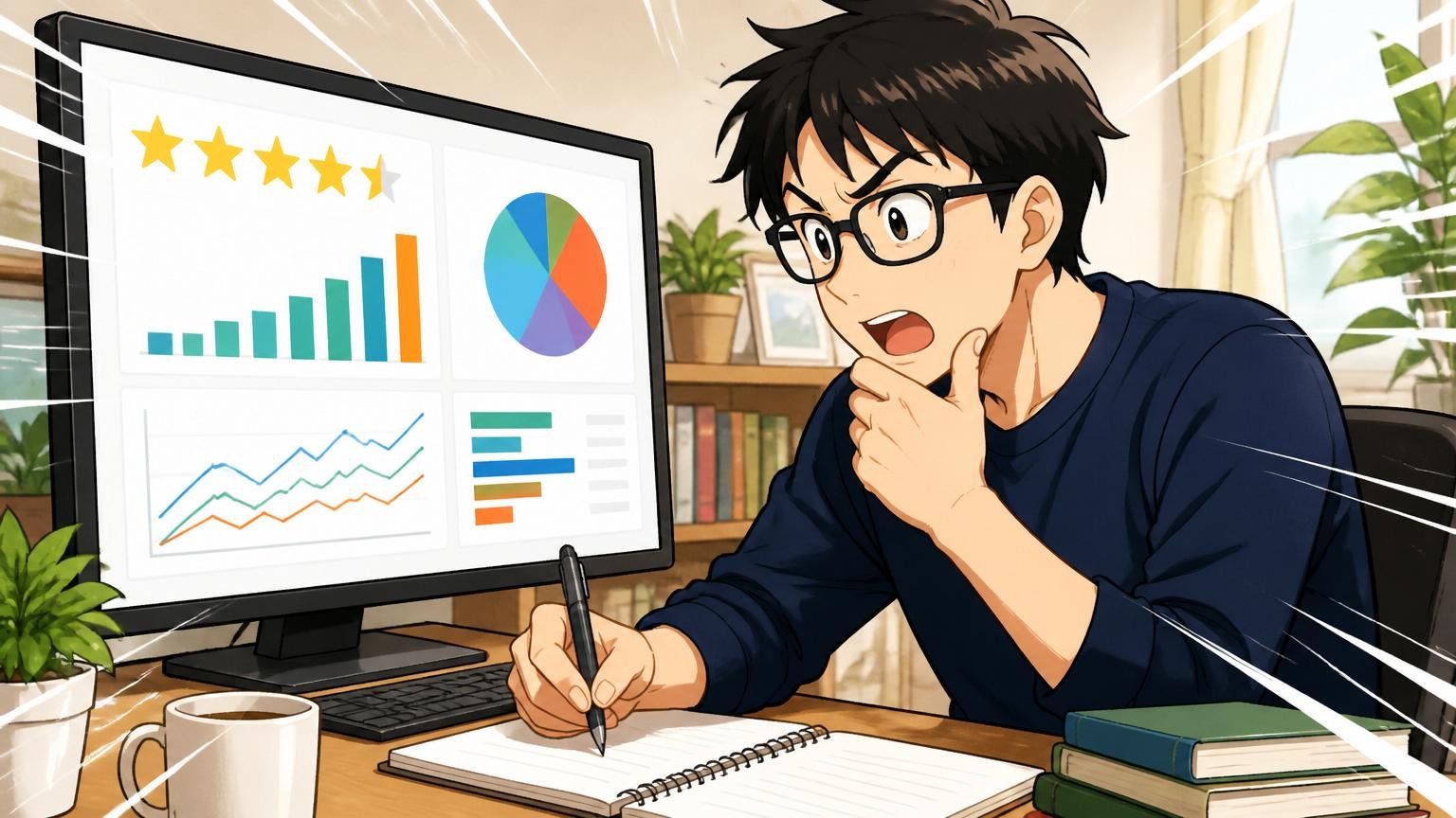 モニター上の口コミ評価グラフを分析するエンジニア、自宅のデスクで在宅勤務、メモを取りながら
