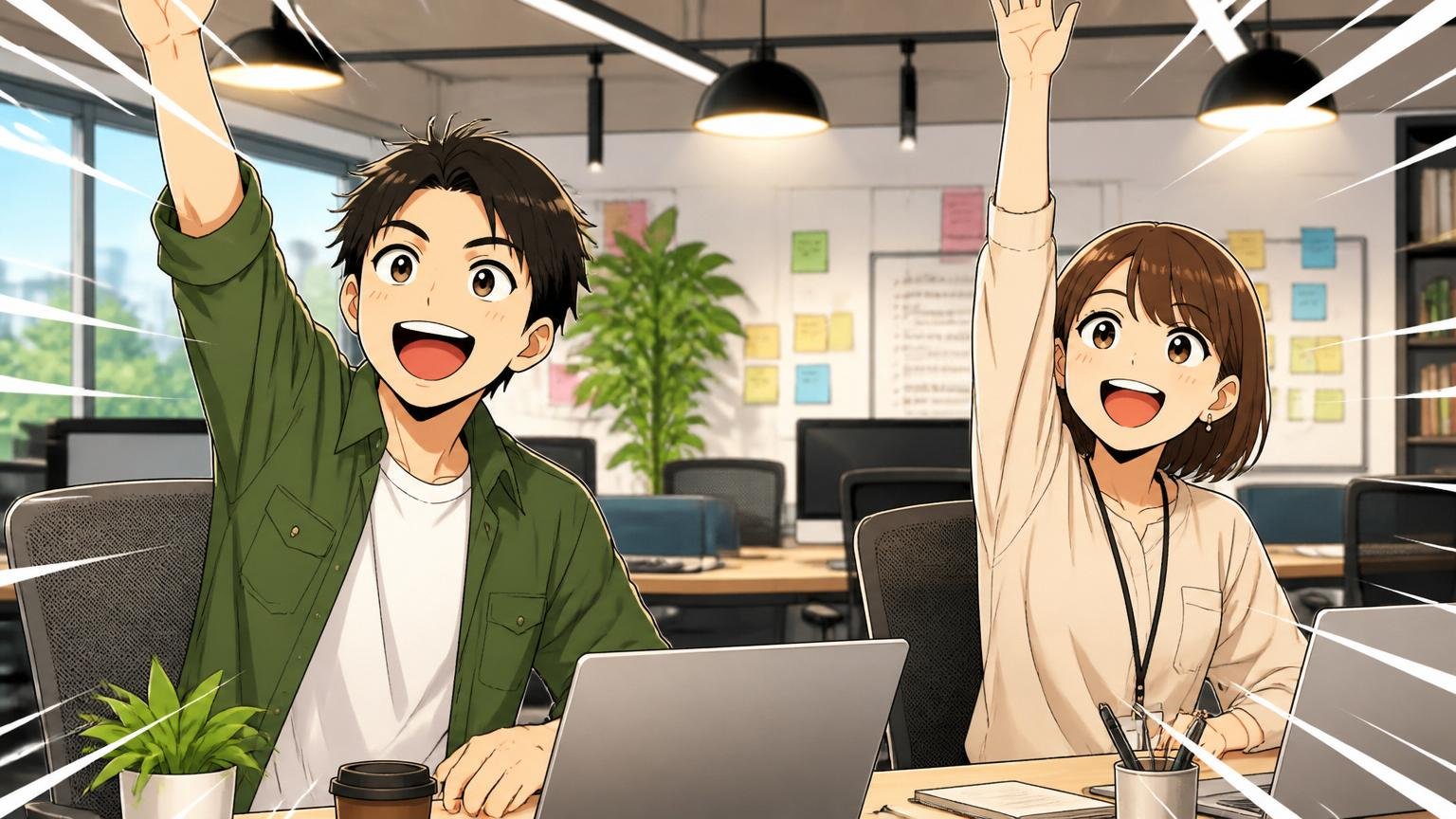 スタートアップのオフィスで自分から手を挙げて生き生きと働く社員、2人、前向きな表情