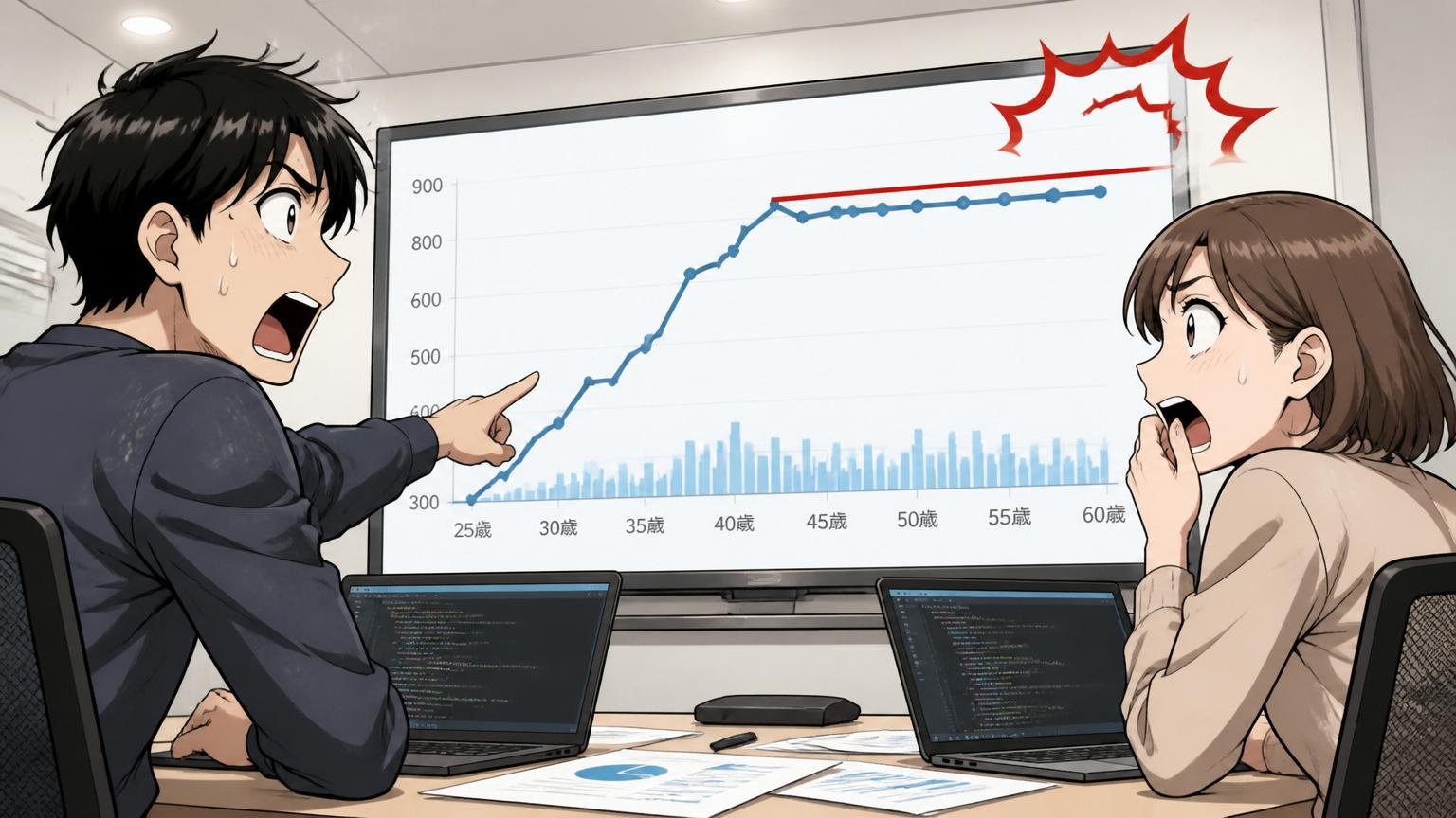 年収は本当に頭打ちか検証、IT企業の会議室で年収推移のグラフを見て驚く30代男女エンジニア2人