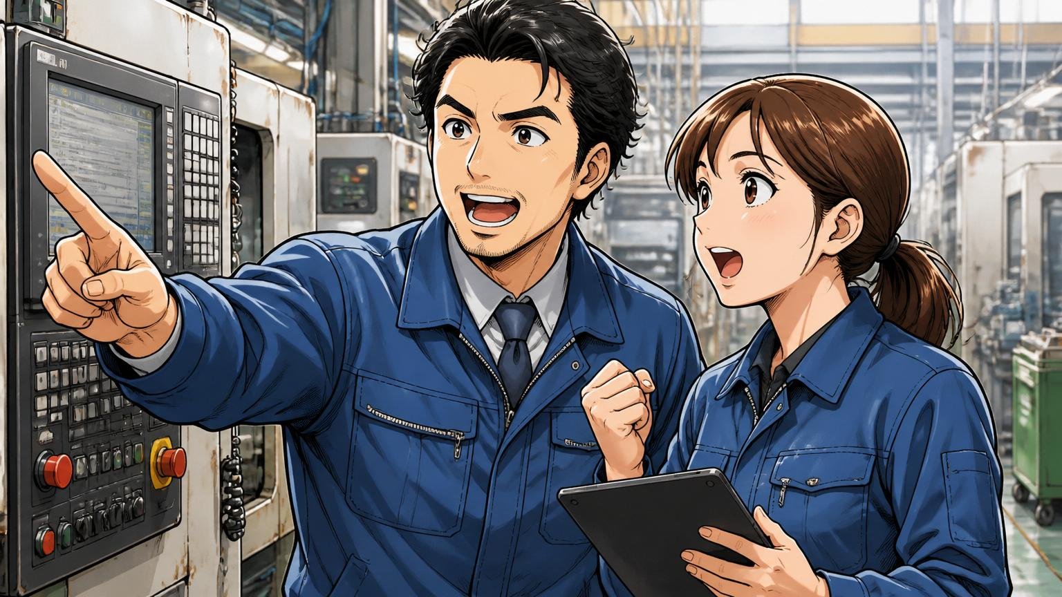 製造業の現場で機器の前に立ち熱意ある表情のエンジニア2名（30代男女）