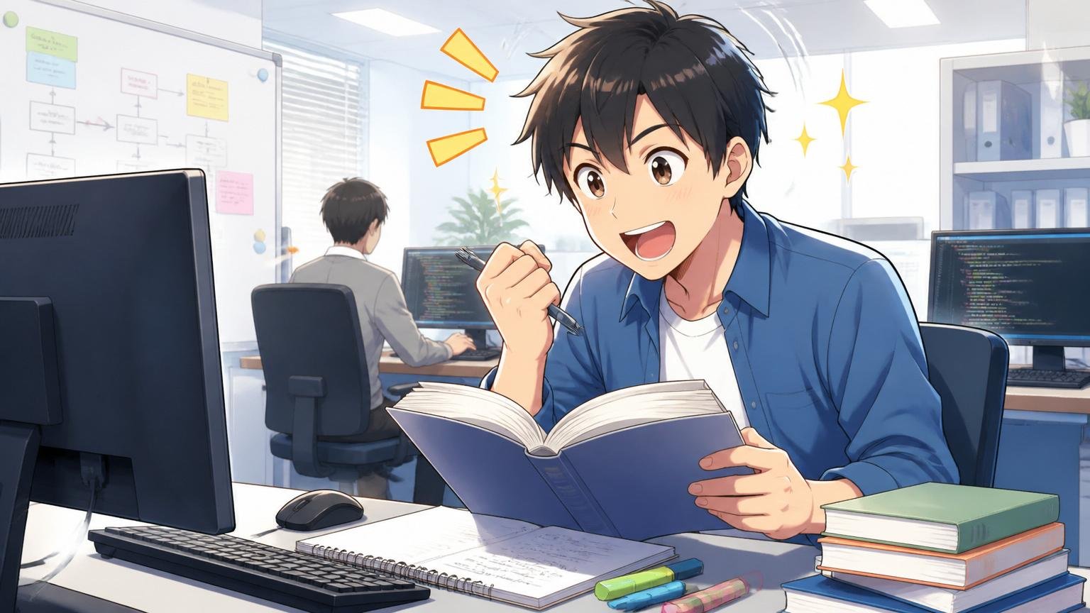 エヌアイシィが向いている人。IT企業のオフィスで未経験から学ぶ意欲に目を輝かせる若手社員1人