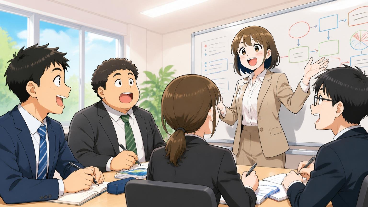 安定と手厚い教育。明るい研修ルームで新人社員数人が講師の女性社員から笑顔で研修を受ける