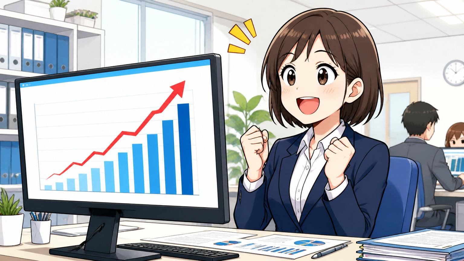 決算グラフを見て表情が明るくなるビジネスパーソン。オフィスで女性1人がモニターの上向きグラフを見て安心した表情をしている
