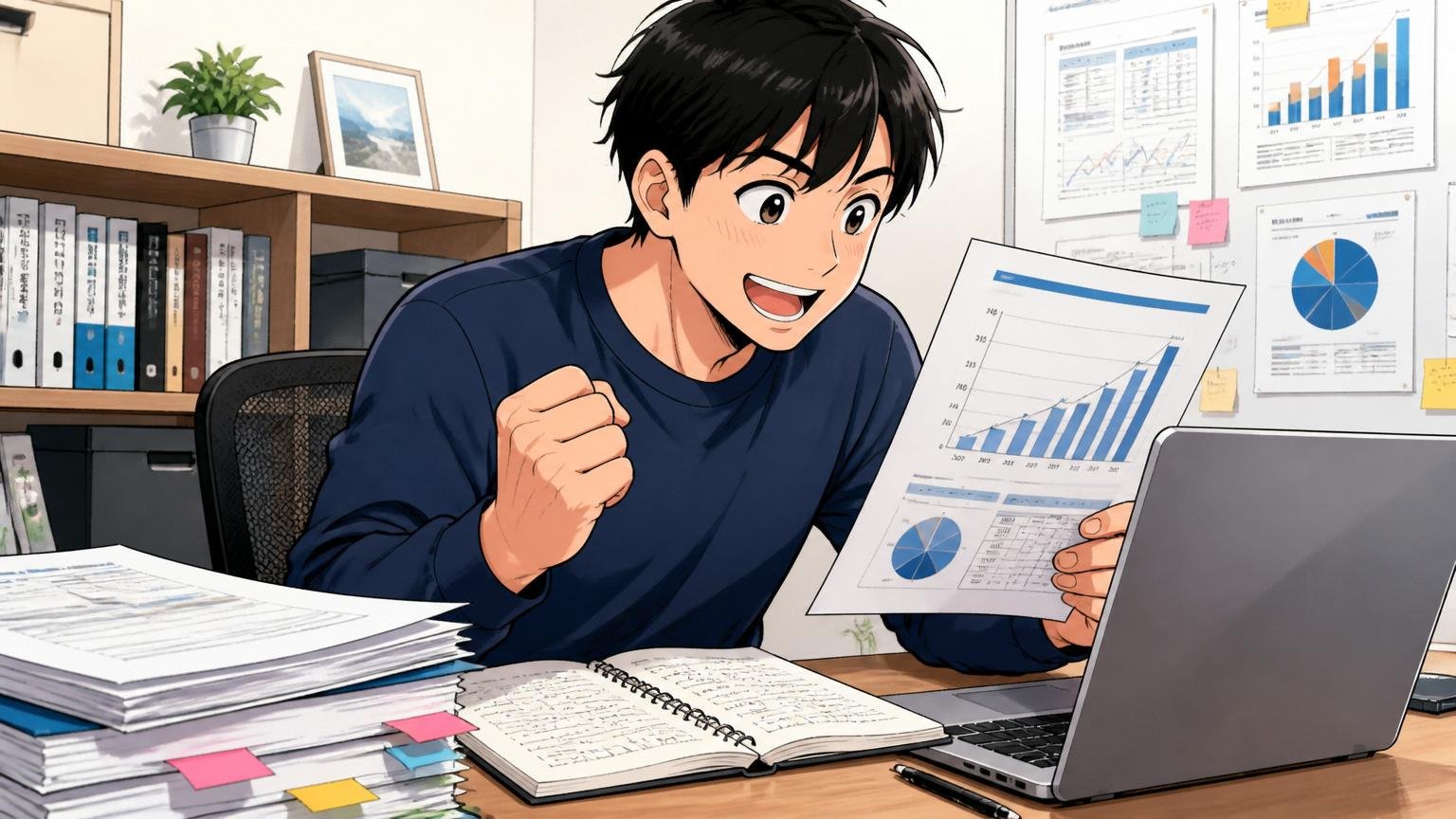 有価証券報告書ベースの平均年収の推移|自宅のデスクで決算資料とノートPCを見比べ納得する30代男性エンジニア