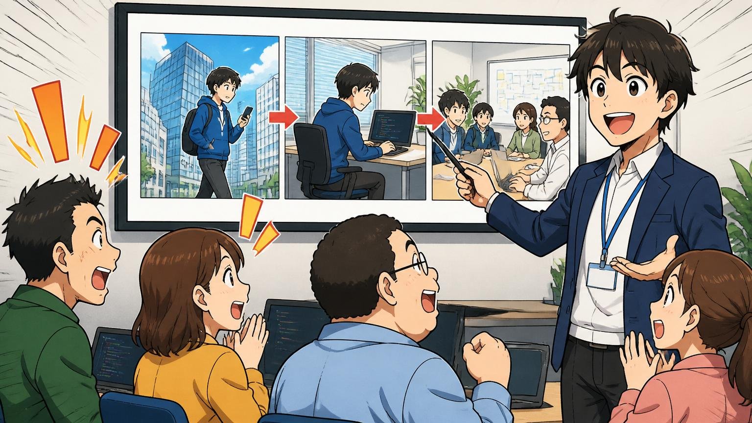 客先のオフィスに出向いて働くエンジニアを図で説明する場面。IT企業の研修ルームでわかりやすく解説