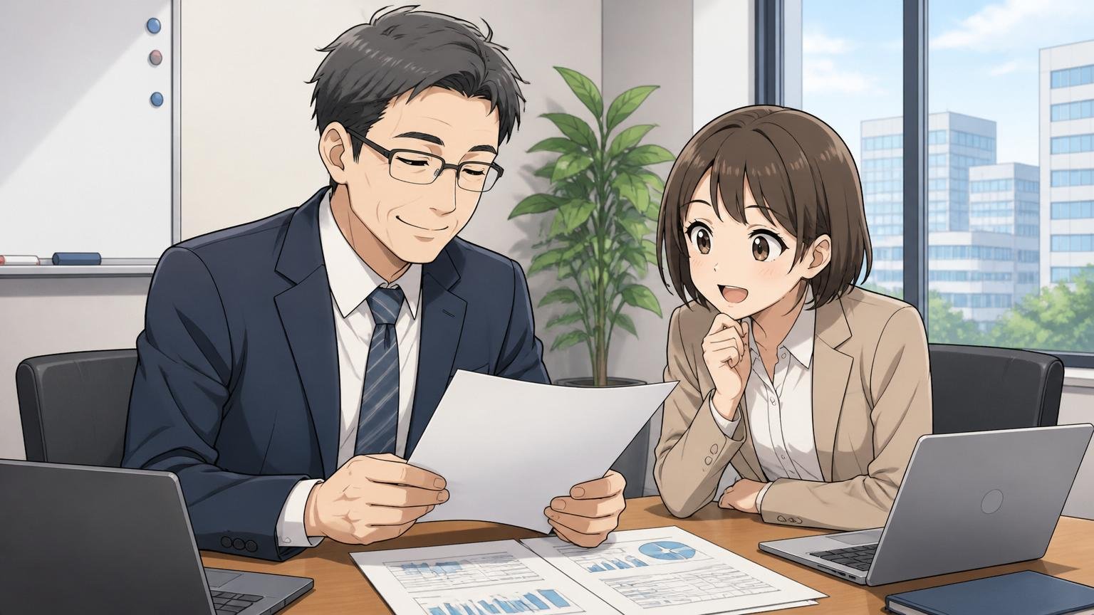 金融系SIerの会議室で穏やかに微笑みながらドキュメントを読む40代男性社員と感心するように頷く20代女性後輩