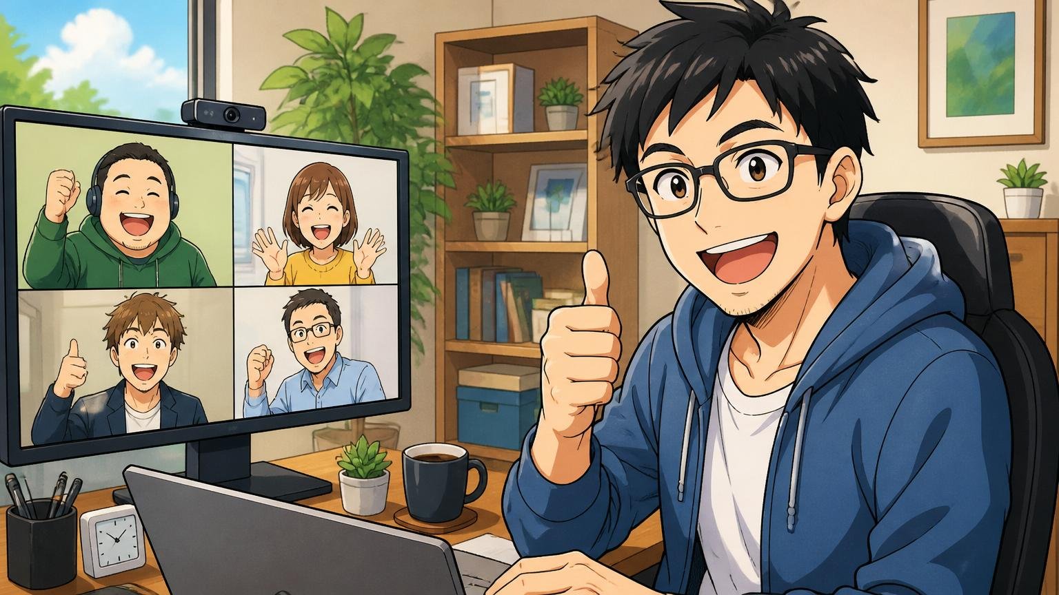 良い評判 優秀な人とリモートでWLB/自宅デスクで在宅勤務する笑顔の男性エンジニア