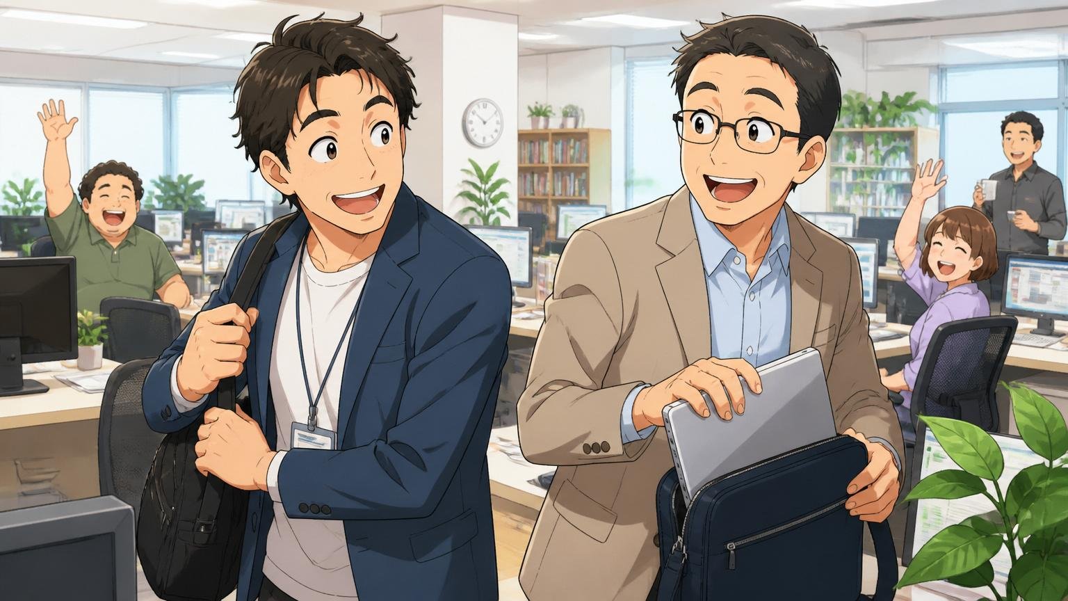 Web系企業のオフィスで定時に退社し笑顔で帰り支度をする30代と40代の社員2名