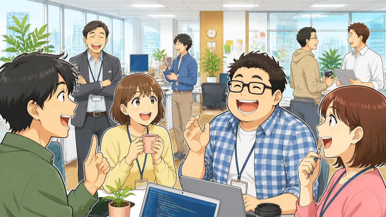 人柄の良い風通しの社風。明るいIT企業のオフィスで笑顔で談笑し打ち解け合う、年齢も様々な複数の社員たち