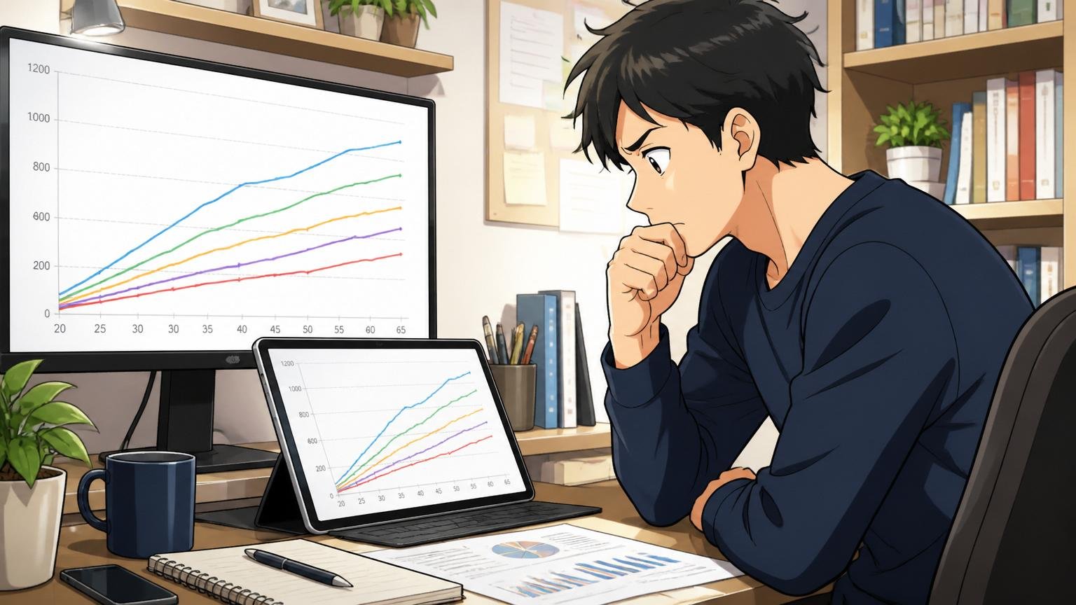 年代別の年収カーブ。自宅のデスクで30代男性が年収データのグラフを見比べ考え込む表情