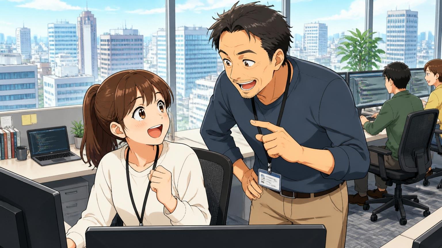 Web系企業の高層オフィスから街を見下ろす中堅エンジニア女性とメンター男性