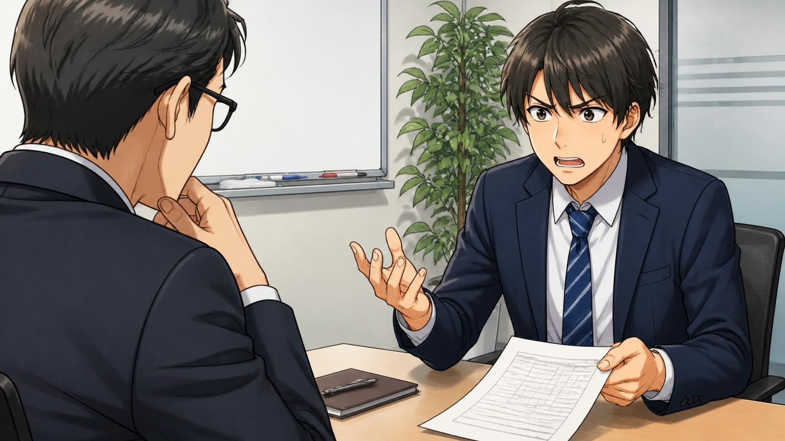 上司との1on1で評価に納得できない若手 SIerのオフィスの会議室 男性2人が向かい合い片方が困った表情