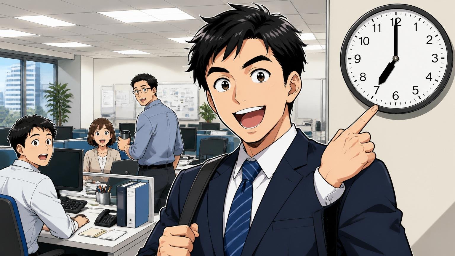平均残業時間は業界平均より短い SIerのオフィスで19時に退勤する30代男性が定時の時計を指差す