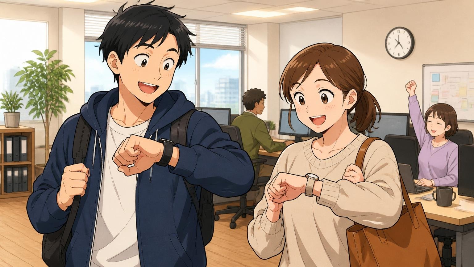 Web系スタートアップのオフィスで定時退社する20代後半男女のエンジニアが時計を見て満足げな笑顔
