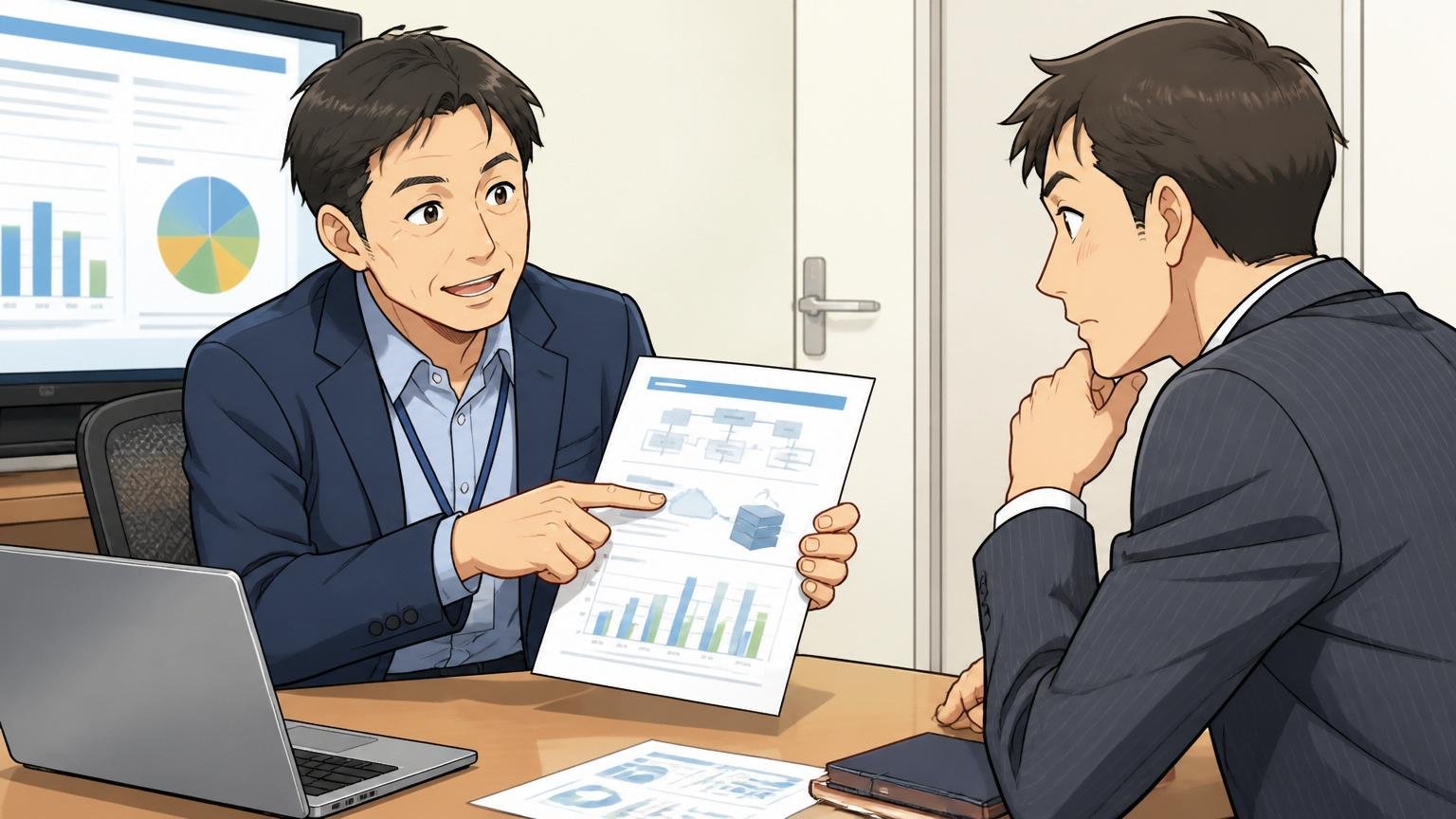 金融顧客と打ち合わせをして提案資料を見せる落ち着いた中堅エンジニア、SIerの会議室で2人