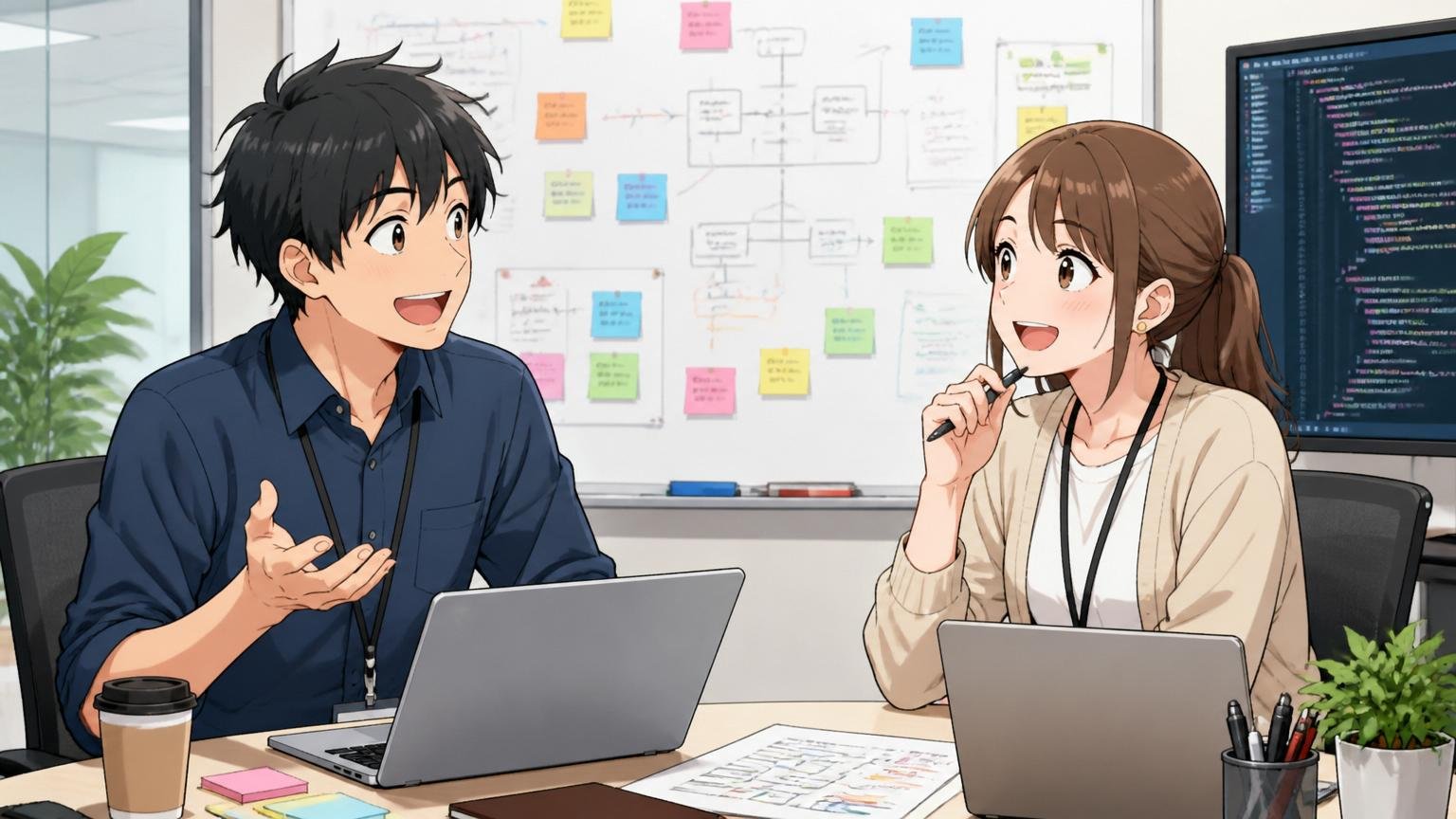 企業の会議室で20代後半男性1名と20代後半女性1名のエンジニアが笑顔で雑談する場面