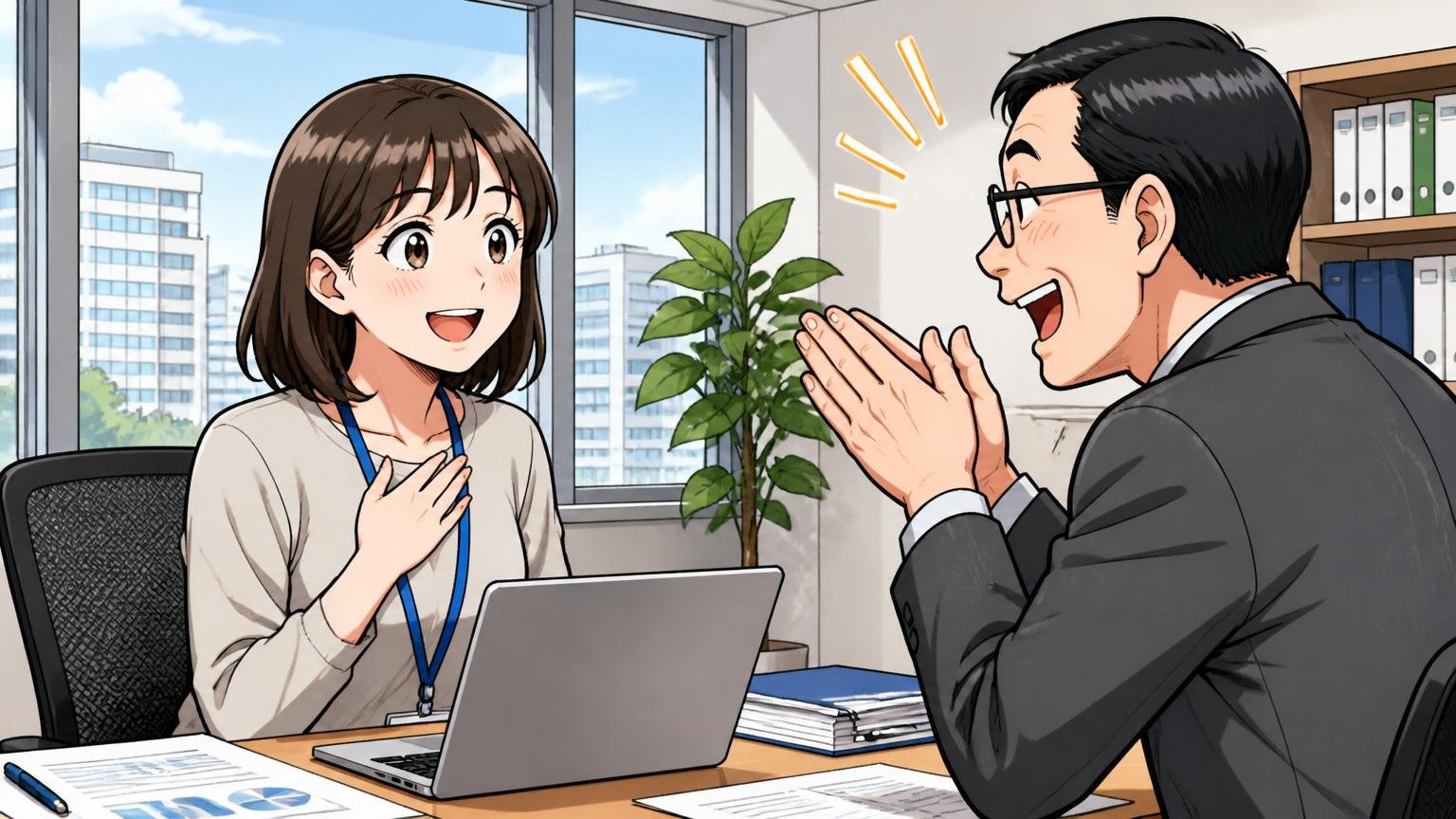 都内オフィスで顧客の経理担当者と打ち合わせする30代女性エンジニア1名が「ありがとう」と感謝されているシーン