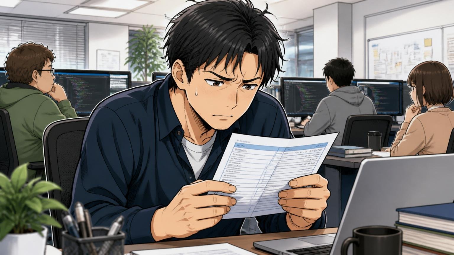 「給与が安い」という中堅層の不満。Web系IT企業のオフィスで30代男性エンジニアが給与明細を見て眉をひそめる