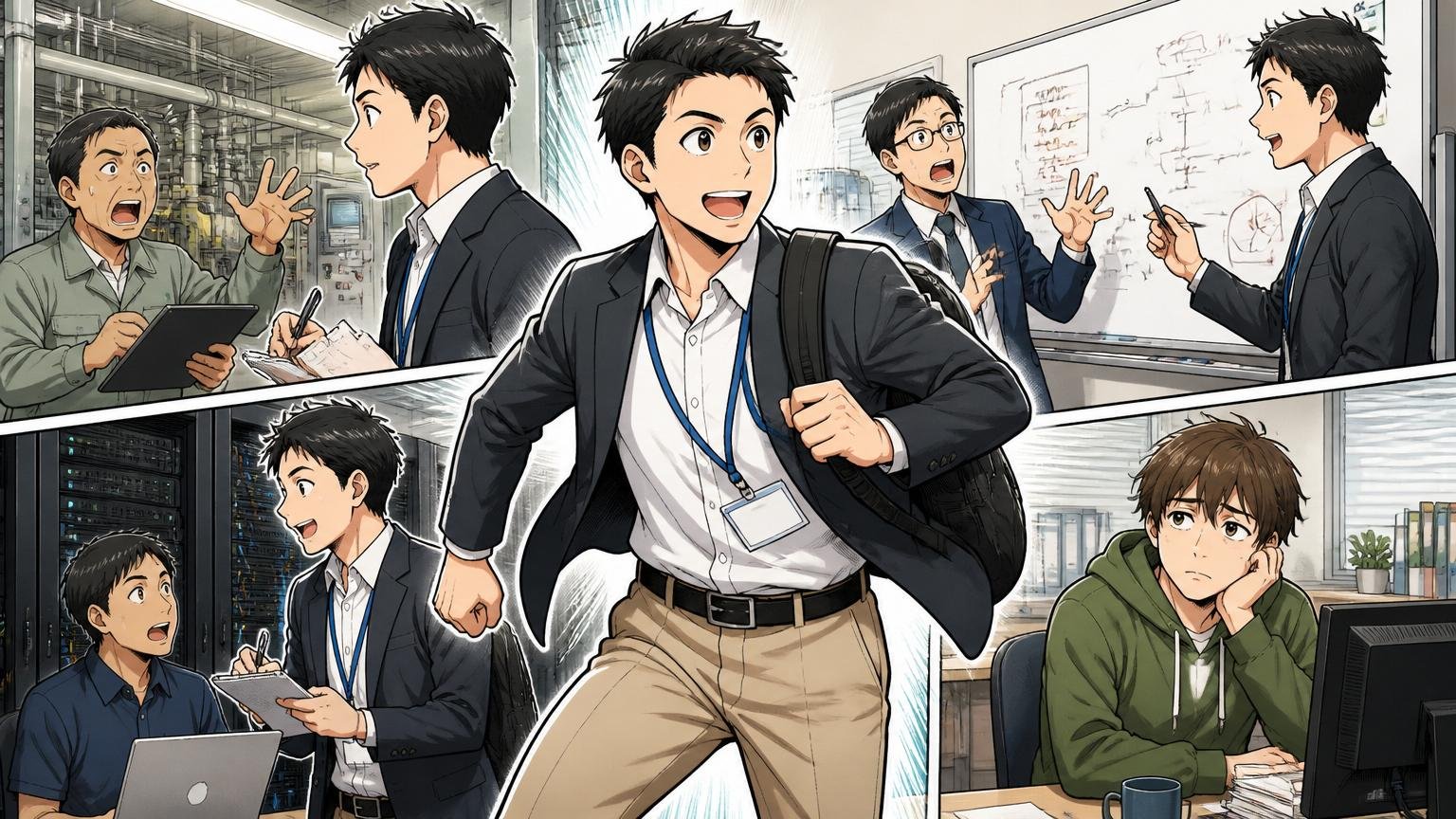 客先企業のオフィスで様々な現場を渡り歩く30代男性エンジニアと自社オフィス志向の若手1人