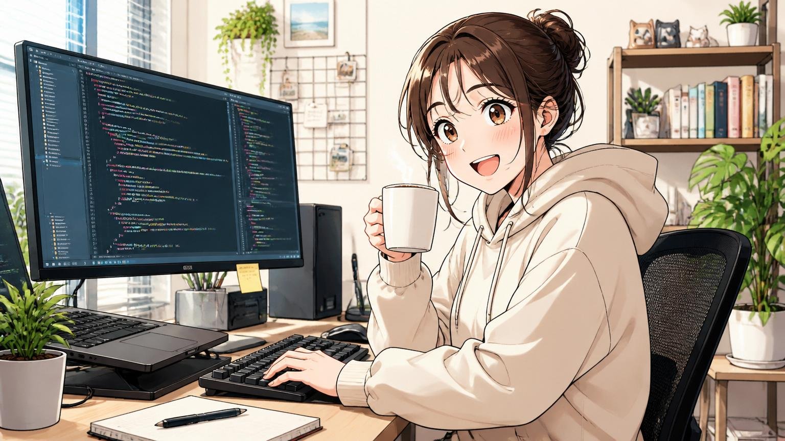 自宅で快適にリモート開発するエンジニア。自宅のデスクで在宅勤務、30代女性1人がコーヒー片手に笑顔でコード