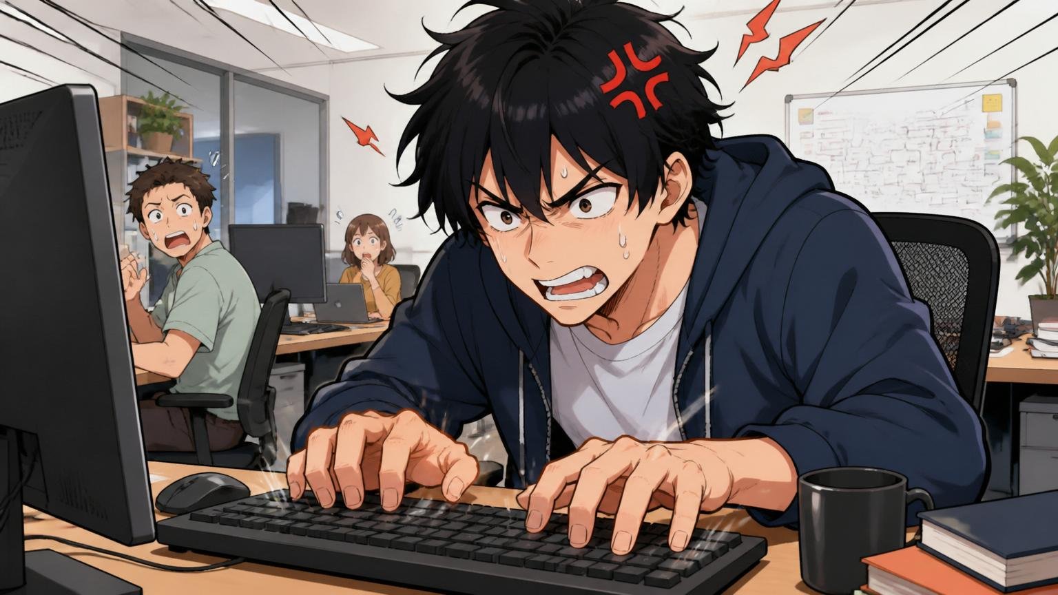 Web系スタートアップのオフィスでイライラした表情でキーボードを叩く20代男性エンジニア