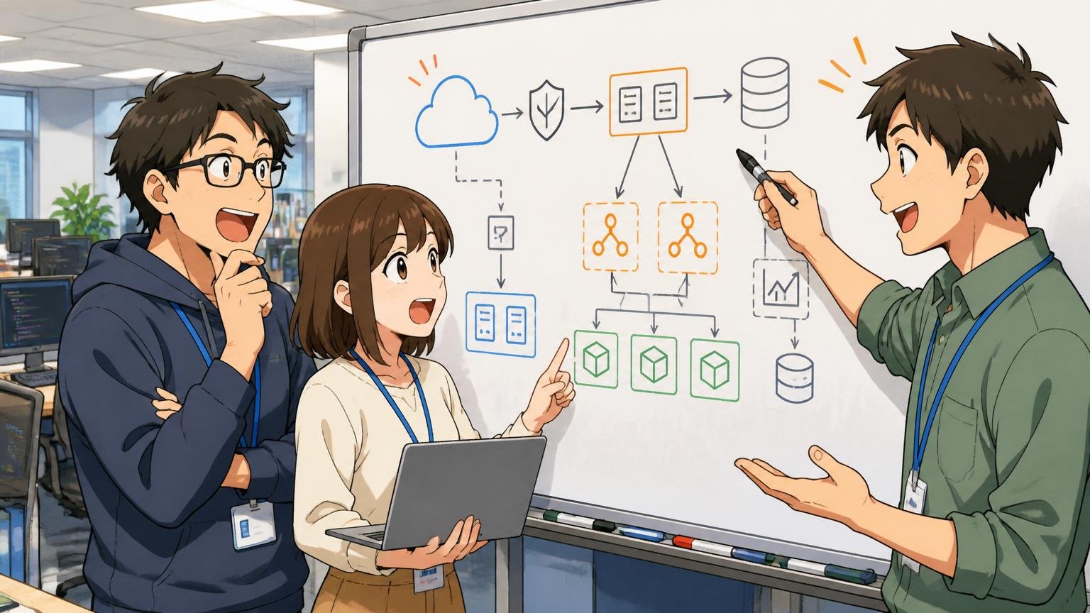 Web系IT企業の開発フロアでホワイトボードに技術構成を描く30代男女エンジニア3人