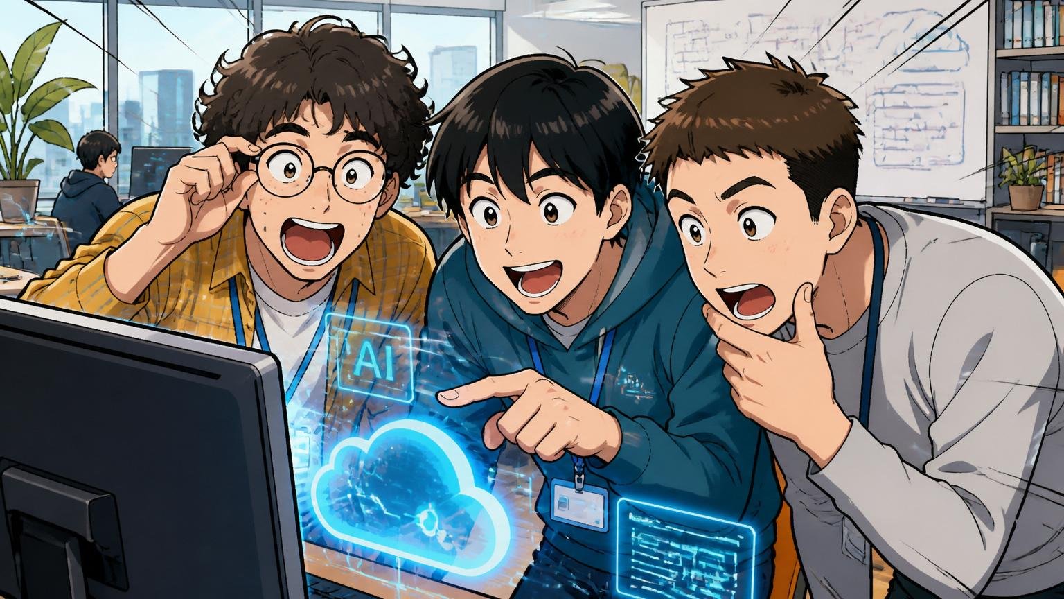 Web系スタートアップ風のオフィスでクラウドとAIの新技術を学ぶ若手エンジニア3人がモニターを覗き込んでいる様子