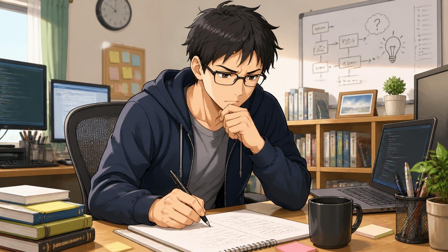自分にとって何が重要かを考え込む自宅のデスクで紙にメモを書く30代エンジニア1人