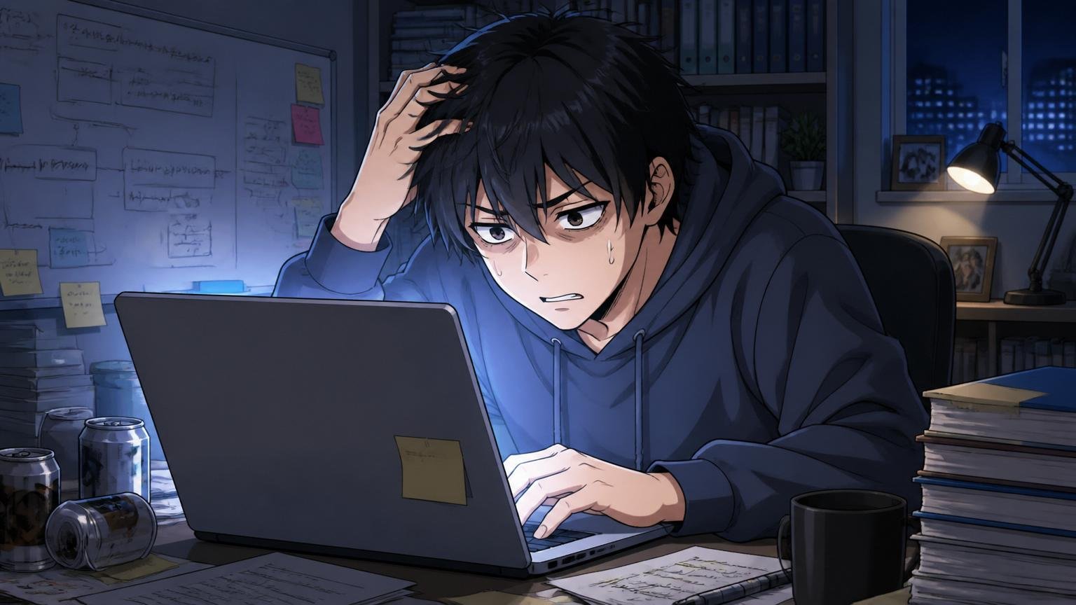 自宅のデスクで疲弊した表情で深夜の業務をこなすエンジニア1人・部屋は薄暗くPCの光のみ