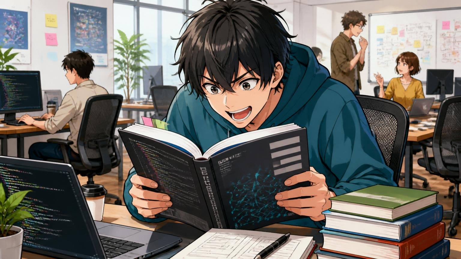 DITが向いていない人は自社開発志向。Web系スタートアップのオフィスで20代男性エンジニア1人がモダンな技術書を見て前のめりな表情