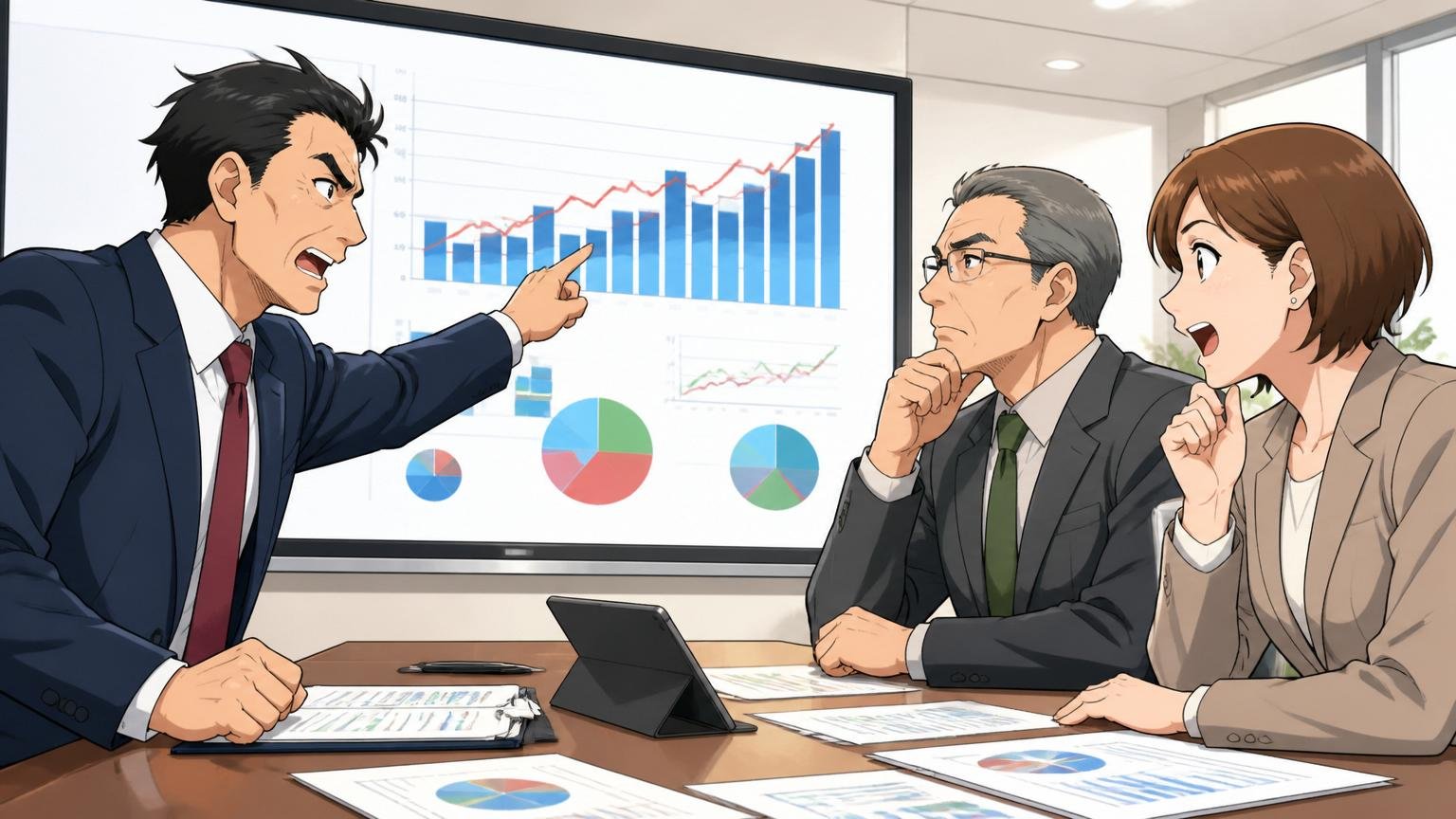 企業の経営会議室で財務指標のグラフを指さして議論する経営層3人、安定感のある雰囲気