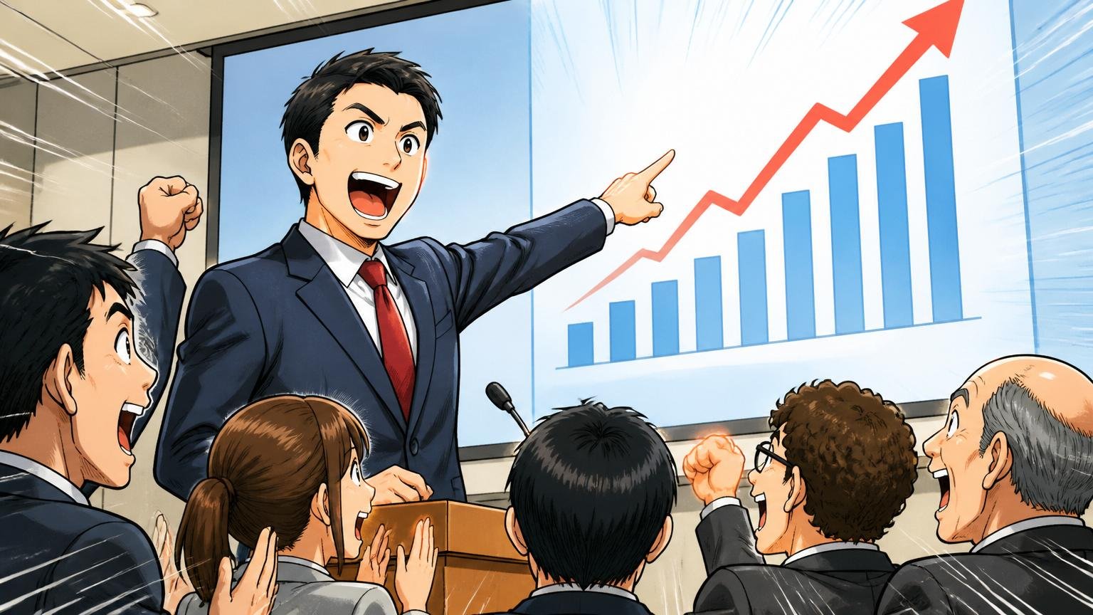 業績好調・5期連続増収・15期連続増益の安定感。場所=企業の決算説明会の会場。登場人物=1人の経営者。動作=右肩上がりのグラフを指差してプレゼン