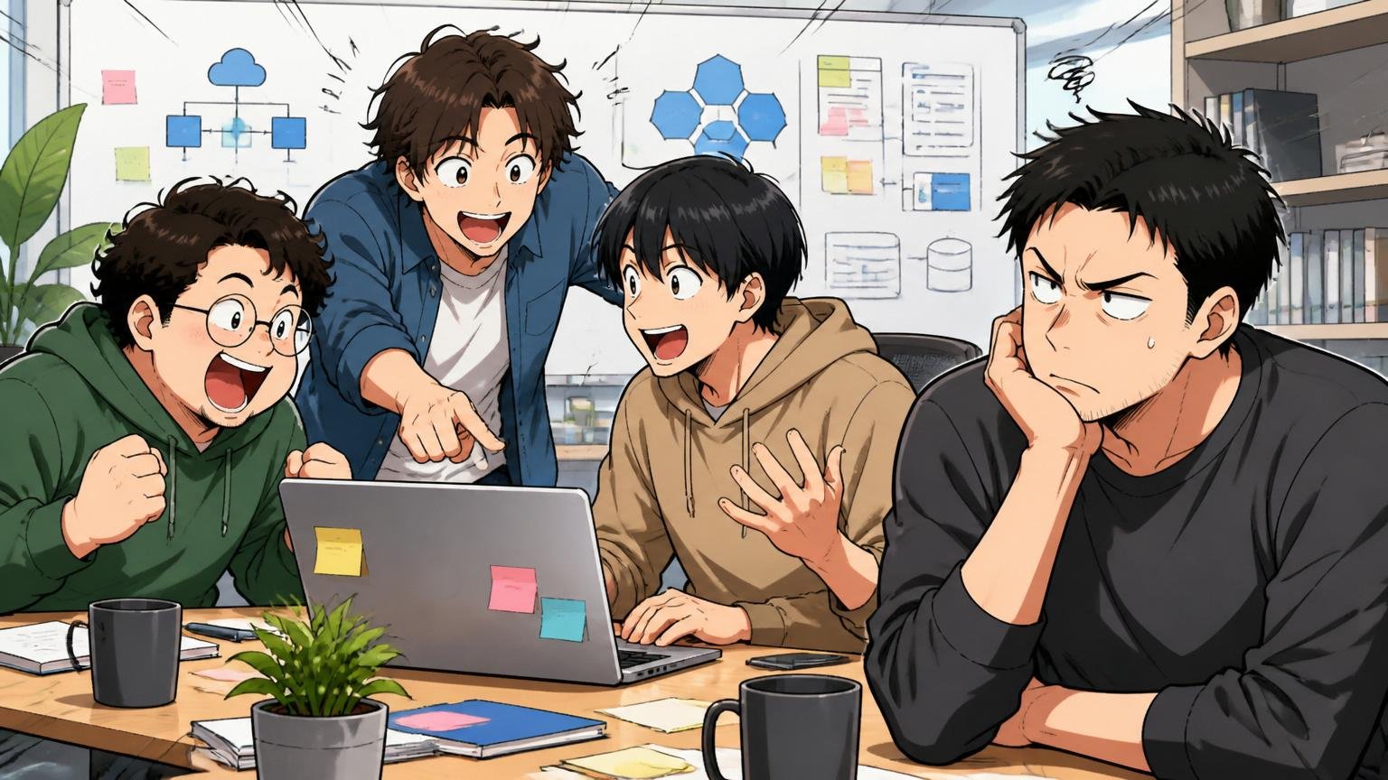 Web系スタートアップのオフィスでモダン技術スタックを話し合うエンジニア3名とそれを横目で見る不満気な男性1名