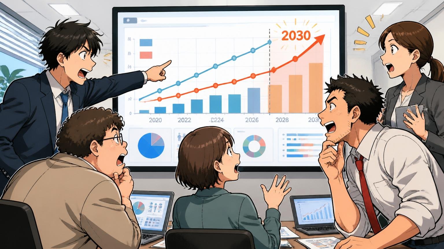 企業の会議室でIT人材需給データのグラフを前に2030年の未来予測を議論する複数の関係者