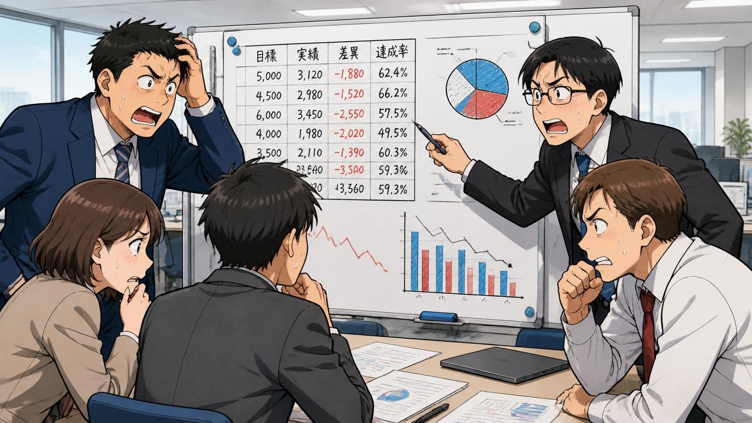 企業の営業フロアで5人の営業職がホワイトボードの数字を見ながら緊張した表情で会議をする