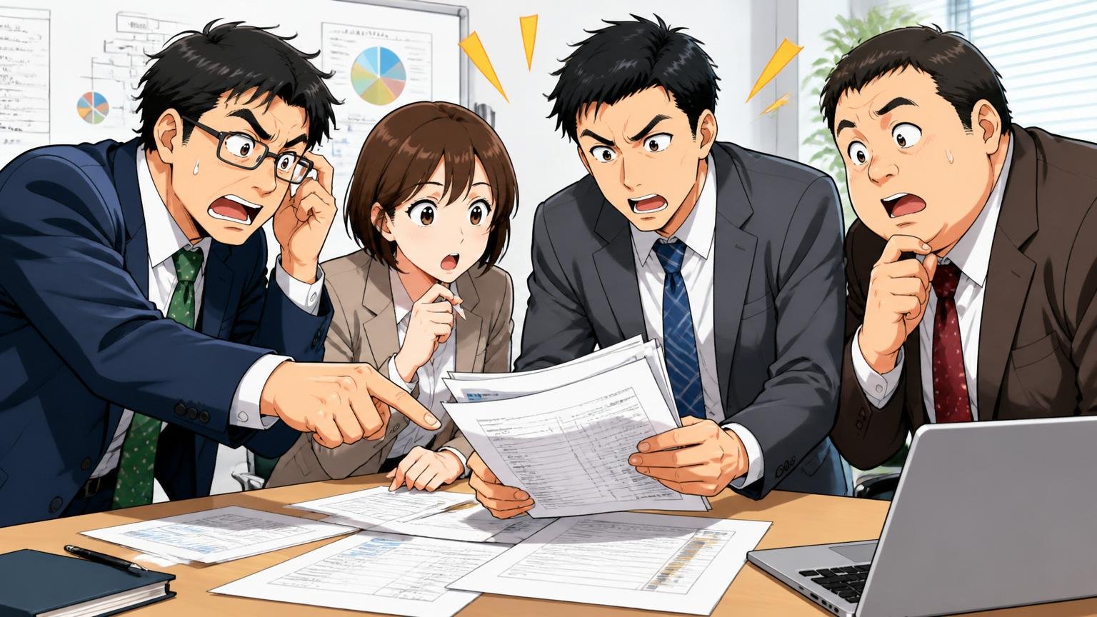 受託ビジネスを象徴する職場、企業の会議室で発注書類を確認する3〜4人のビジネスパーソンチーム