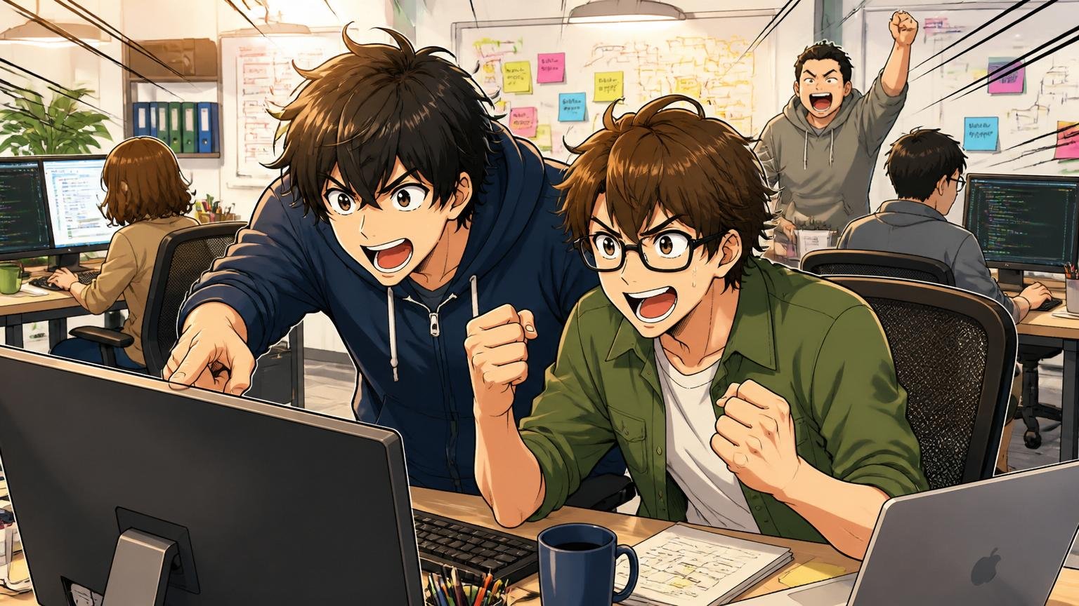 Web系スタートアップの活気あるオフィスでスピード感ある開発を求める若手エンジニア2人