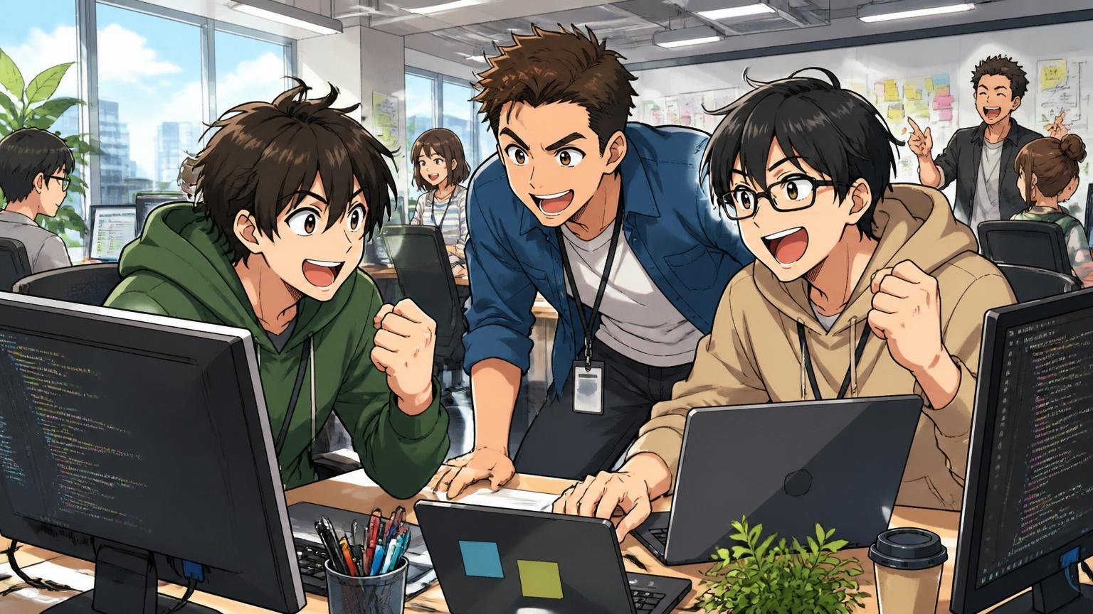 Web系スタートアップのオフィスでモダンな環境でPCを叩く若手エンジニア3人、活気ある表情