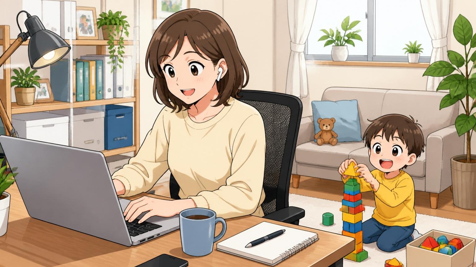 ワークライフバランスは部署次第で良好｜自宅のデスクで在宅勤務する30代女性エンジニアと隣で遊ぶ子ども1人